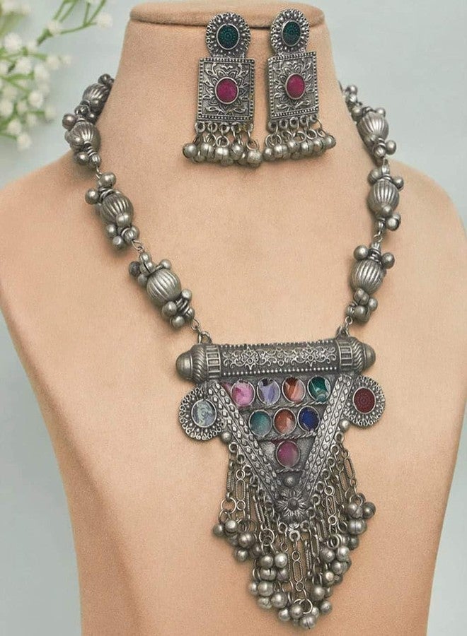 Siddhatva Designer Statement Afghani Antique Oxidised Silver Indian Party Ethnic Tassel Ghungroo Bells Tribal Gypsy Necklace Jewelry Set Women - Image 3